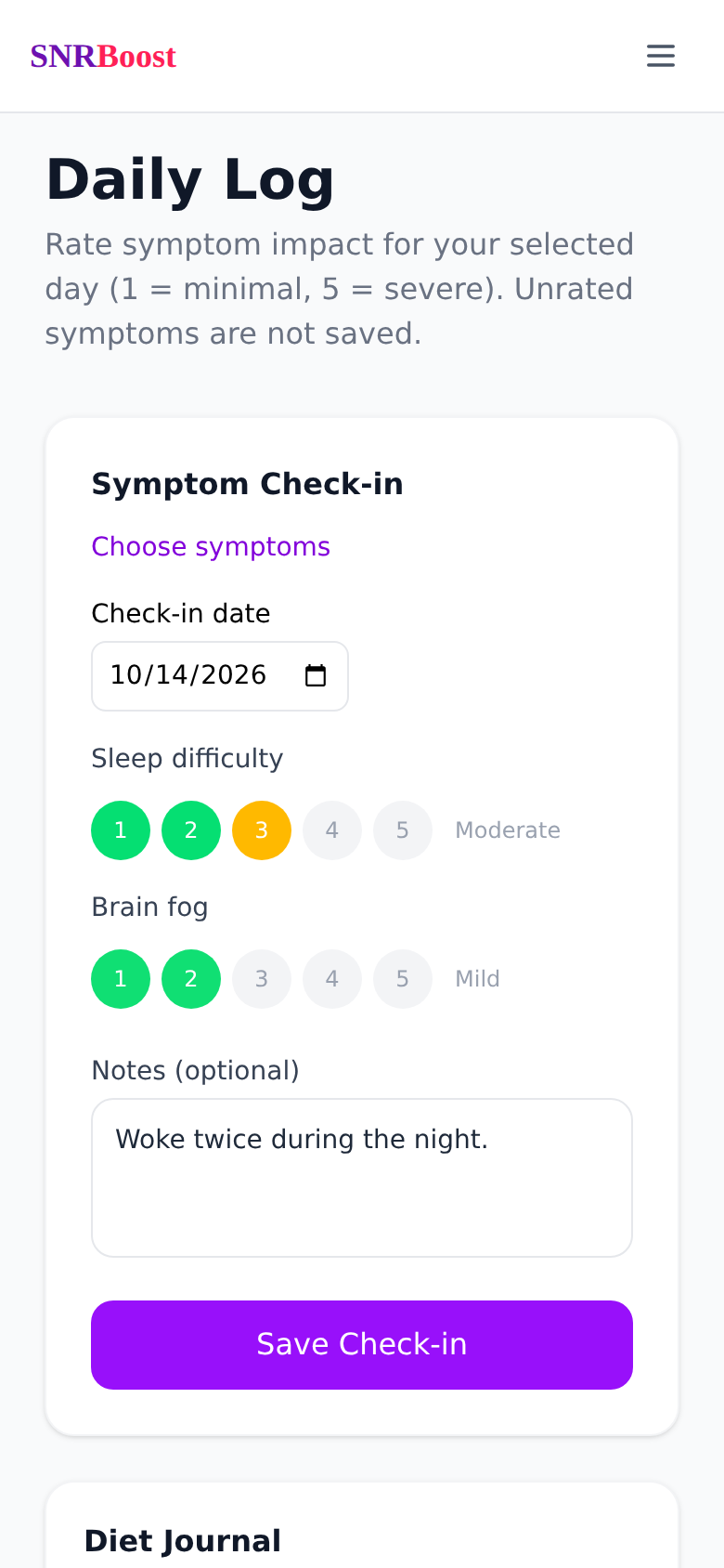 SNRBoost’s current mobile Daily Log with fictional sleep, brain fog and check-in details.